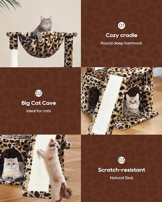 SYANDLVY Leopard Print Cat Tree for Indoor Cats, Small Cat Tower with Scratching Post & Board, Modern Activity House Condo with Cradle, Hanging Ball for Play, Kittens Cave