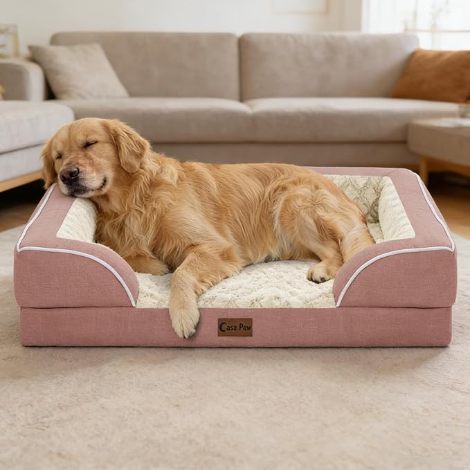 Orthopedic Washable Dog Bed for Medium Dogs, 35x22in, Pink | Orthopedic Foam Eases Joint Pressure, Bolsters Supports Head And Neck, Washable Pet Beds, Removable Cover, Non-Slip Bottom