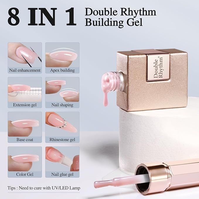 Double Rhythm Milky Pink Rubber Gel Nail Polish 15ml Nail Strengthener in a Bottle Nail Extension Hard Gel Soak Off Long Lasting Gel (Light Pink 8 in 1-4)