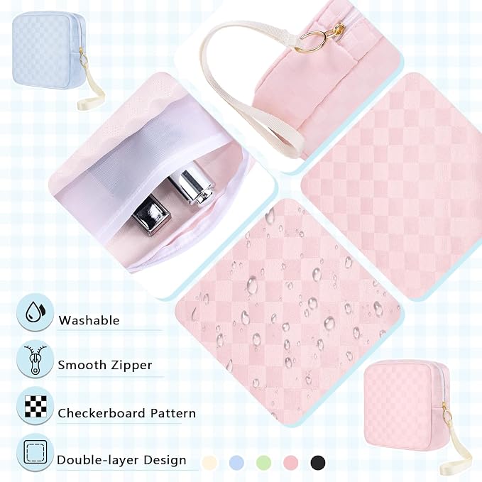 Likesing Tampon Holder for Purse, Upgraded 5.3" Checkered Period Bag, Sanitary Napkin Storage Bag with Wrist Strap for Girls Women, Thickened Portable Period Pad Pouch(Black)