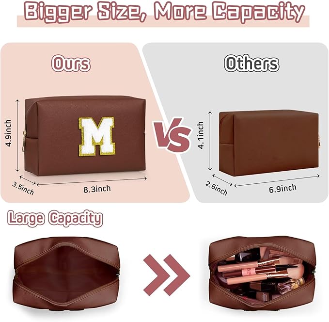 TOPEAST Preppy Stuff for Girls, Initial Makeup Bag Chenille Letter Pouch Cosmetic Bag with Zipper, PU Leather Waterproof Toiletry Bag, Cute Stuff Birthday Gift for Friends Sister (Brown T)