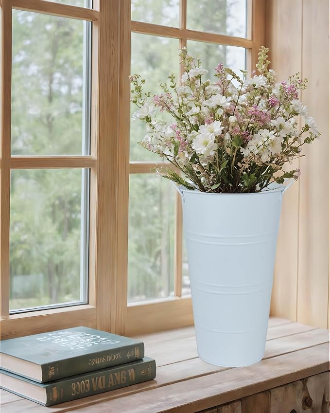 12 Inch Galvanized Metal Vase, 6 Pack Tall Flower Buckets with Handles | Galvanized metal flower buckets with handles, rustic tall vase design for dried flowers, weddings, farmhouse and home decor.