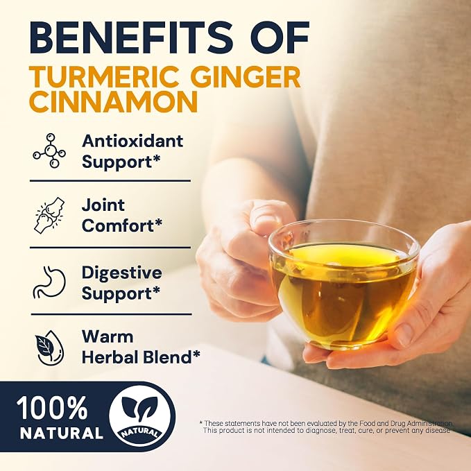 Turmeric Ginger Cinnamon Tea Bags, Turmeric Ginger Herbal Tea, No Sugar, No Caffeine, 80 Teabags