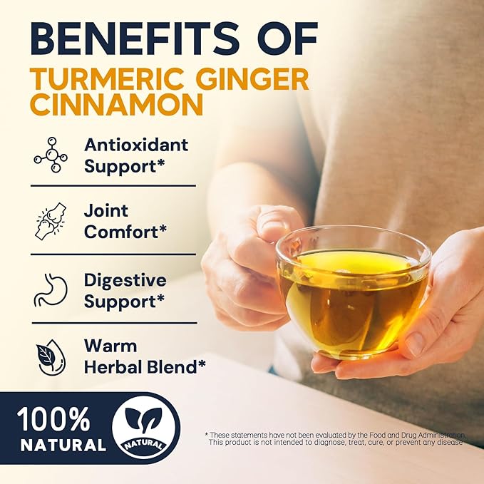 Turmeric Ginger Cinnamon Tea Bags, Turmeric Ginger Herbal Tea, No Sugar, No Caffeine, 50 Teabags