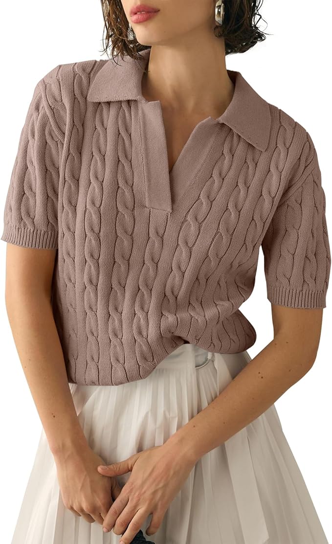 Imily Bela Womens Cable Short Sleeve Sweaters Tops Lapel V Neck Knit Shirt | Solid,Knit Casual,Soft Pullover,Fall Sweaters,Womens Summer Work Tops