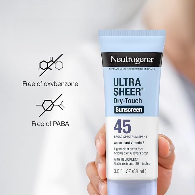 Neutrogena Ultra Sheer Dry-Touch Sunscreen For Face & Body, SPF 45 Broad Spectrum UVA/UVB Protection, Lightweight Water Resistant & Non-Greasy, Travel Size Sunscreen, 3 fl. oz 2 pack