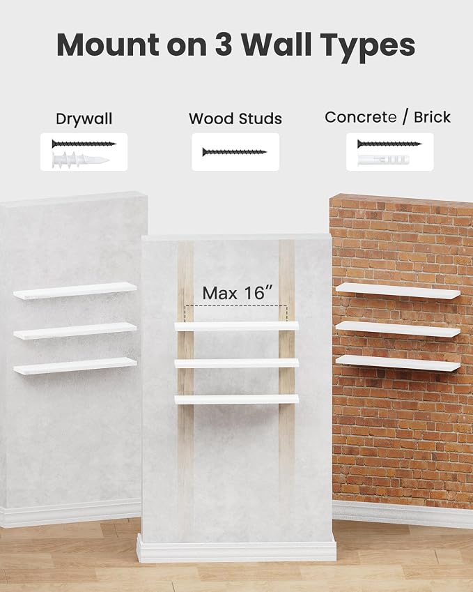 AMADA HOMEFURNISHING 23.6" L Floating Shelves, Wall Shelves Set of 3 for Bathroom/Living Room/Bedroom/Kitchen, White Floating Shelves for Wall Decor with Invisible Brackets - AMFS44W