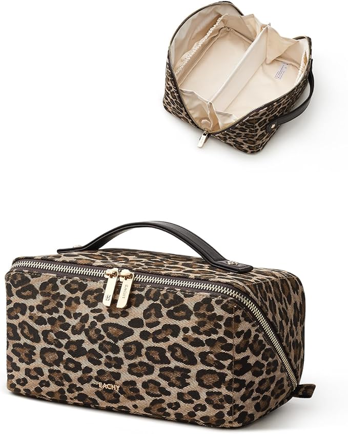 EACHY Travel Makeup Bag, Large Capacity Cosmetic Bag for Women, Waterproof PU Leather, Flat Open Portable Toiletry Bag for Skincare, Brushes & Travel Essentials