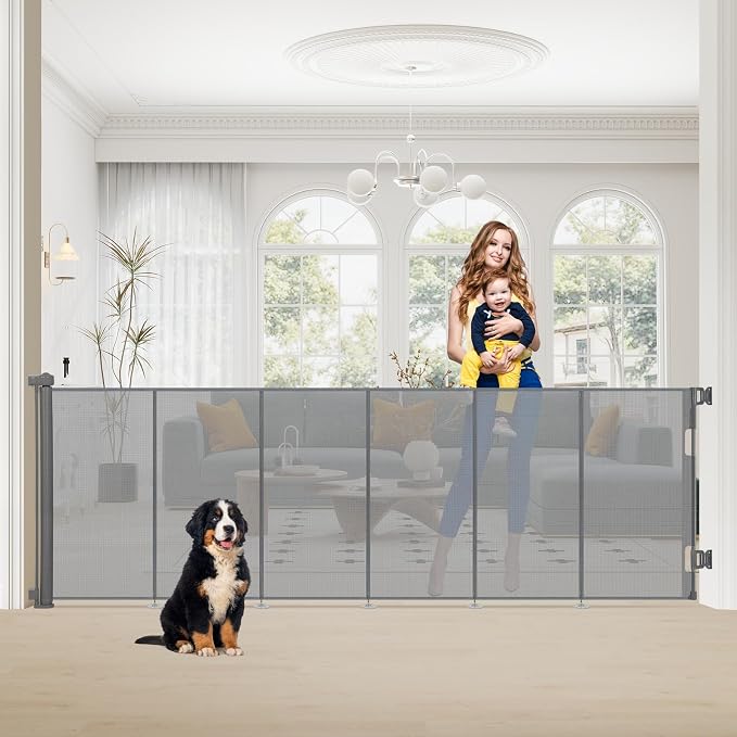 SMONTER Extra Wide Retractable Dog Gates, Mesh Baby Gate with Support Rods Extend to 118" Wide 44" Tall, Portable Safety Retractable Gate for Stairs, Indoor/Outdoor, Gray