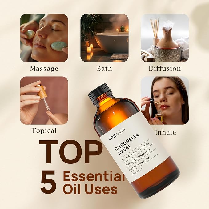 VINEVIDA Citronella Java Essential Oil 4 oz - Undiluted Citronella Oil 4 oz - Citronella Candle Oil Scent - DIY Candle Scents for Candlemaking - Bulk Essential Oil for Soap Making