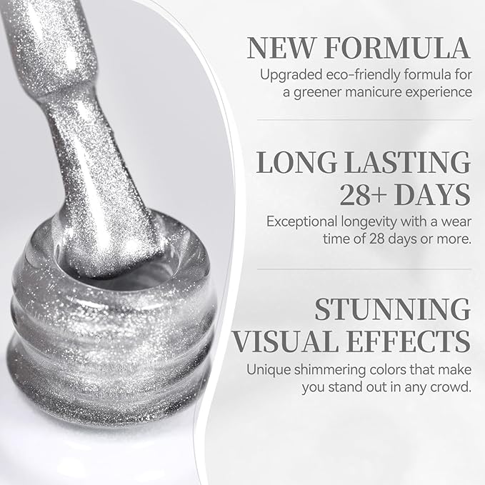 Born Pretty Silver Cat Magnetic Eye Gel Nail Polish 15ML,Jelly Glass Silver Crystal Glitter Shimmer Translucent Magnetic Gel Polish with Magnet,Soak Off U V Gels for Women Girl