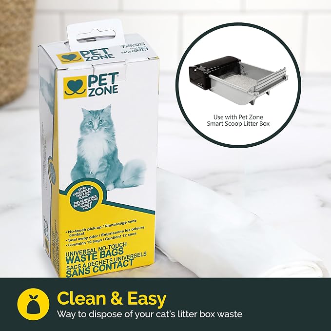Pet Zone Universal No-Touch Cat Litter & Waste Bags, 12 Pack, Easy Cleanup | Hygienic disposal without direct contact, fits most boxes and pans, mess free daily routine, simple tie, lift and toss design