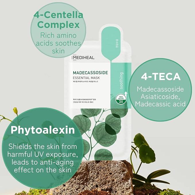 Mediheal Best Korean Sheet Mask - Madecassoside Essential Face Mask 10 Sheets For Sensitive Blemish Prone All Skin Types Hydrating Moisturizing Calming Soothing