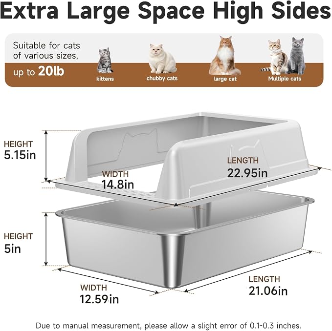 High-Sided Stainless Steel XL Cat Litter Box for Cats | High-Sided Design Prevents Urine Leakage,Non-Stick,Easy to Clean,Includes Scoop,Gray
