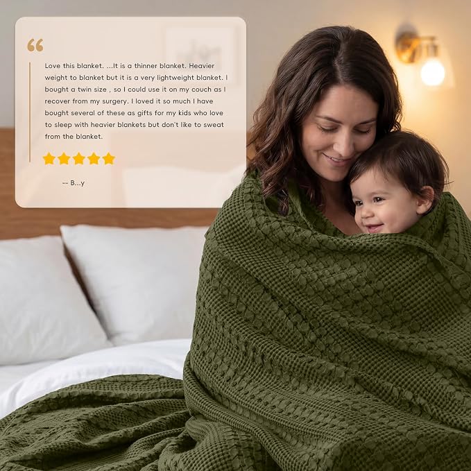 PHF 100% Cotton Waffle Blanket Oversized King 120"x120", Lightweight Breathable Extra Large 10'x10' Blankets for Bed, Giant Big Luxury Aesthetic Woven Bedding for Home Decor, Capulet Olive