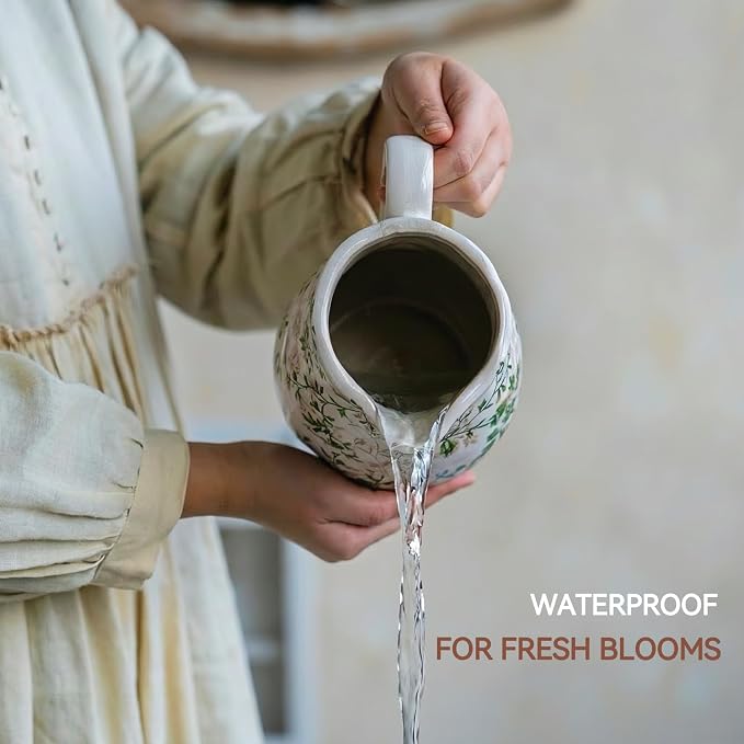 Ceramic Green and White Floral Vase with Handle, Rustic Farmhouse Pitcher Flower Vase, Chinoiserie Floral Vase for Home Decor, Living Room, Shelf, Office, Rustic Table Centerpiece 8 Inch