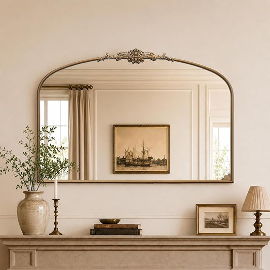 Besdomus Vintage Arch Gold Mirror: 48"x33" Oversize Brass Decorative Mirror | French Baroque Metal Framed - Traditional Ornate for Home Renovation Decor - Ideal for Foyer/Entryway/Fireplace/Living Room