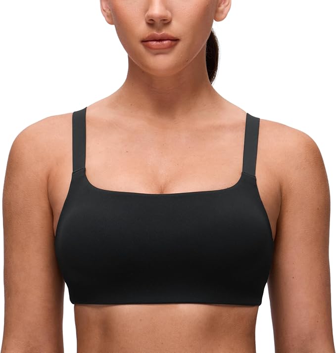 CRZ YOGA Butterluxe Adjustable Wide Strap Sports Bras for Women - Square Back Padded Scoop Neck Yoga Top
