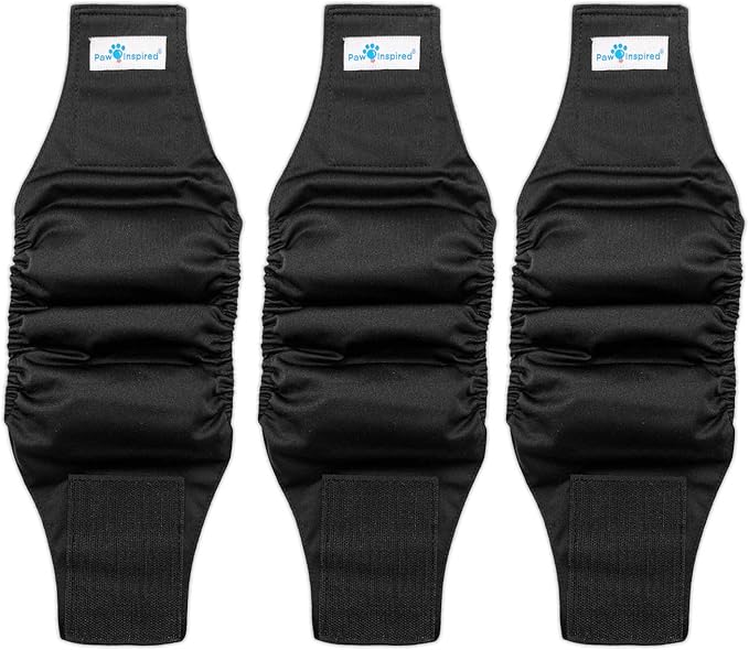 Paw Inspired Belly Band Male Dog WRAP Washable, Black, Black Lining, Small, 3 Count