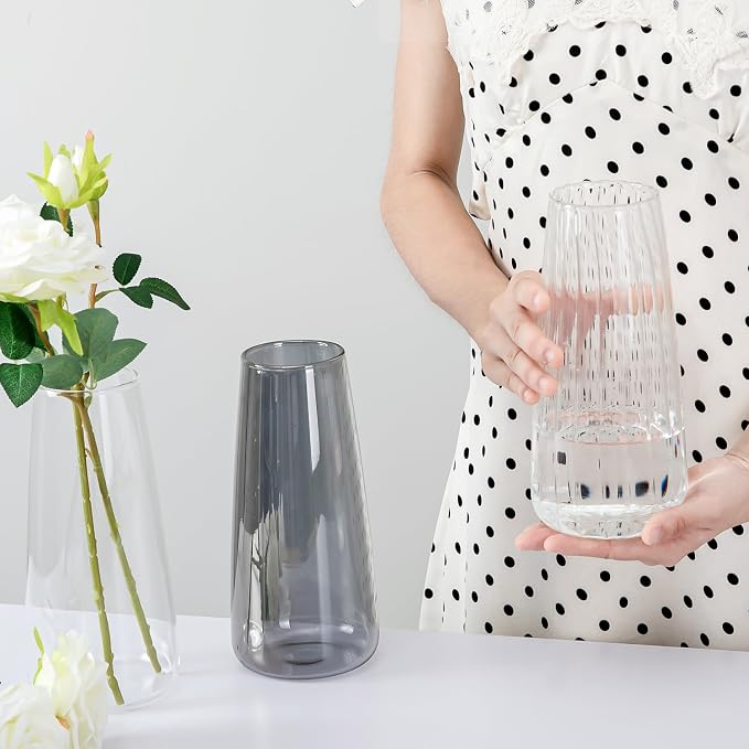 Clear Glass Vase for Flowers, Ribbed Flower Vase for Home Decor, 8.3in H | Modern Glass Vases Centerpieces for Living Room,Bedroom,Dining Room,Bathroom,Office,Wedding, Housewarming Valentine Gifts