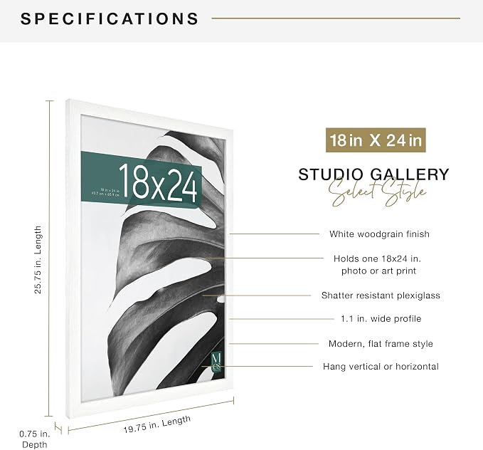 MCS Studio Gallery 18x24 Poster Frame White Woodgrain Engineered Wood, Vertical & Horizontal Wall Hanging Large Picture Frame for Photos, Posters & Art Prints (1-Pack)