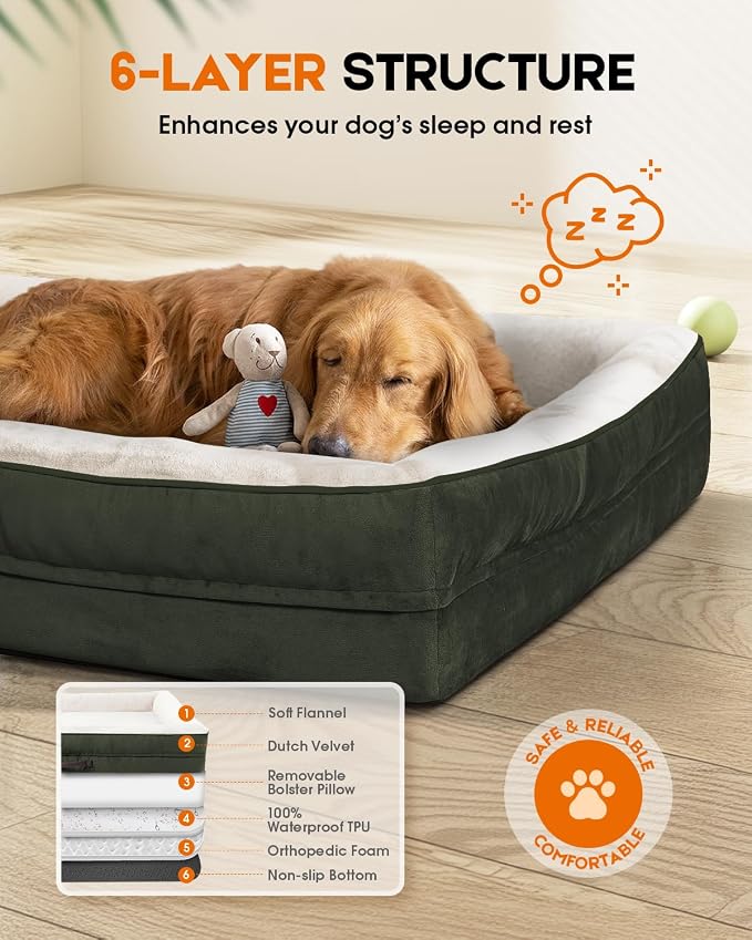 Upvilla Orthopedic Dog Bed XL, Four-Sided Dog Sofa, Washable Cover, Green | Removable Waterproof Dog Bed Cover, Egg-Crate Orthopedic Foam, Built-In Carry Handle, Indoor Large Pet Beds, Cat Beds