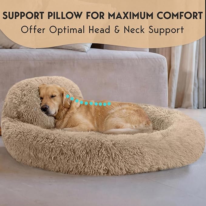 PetJett XL Dog Bed for Large Sized Dog - 45'' Extra Large Dog Bed, Washable Dog Bed - Anti-Slip Super Soft Round Donut Bed, Fluffy Faux Fur Anti-Anxiety Premium Comfort Pet Bed, Fits Dogs upto 120 lbs