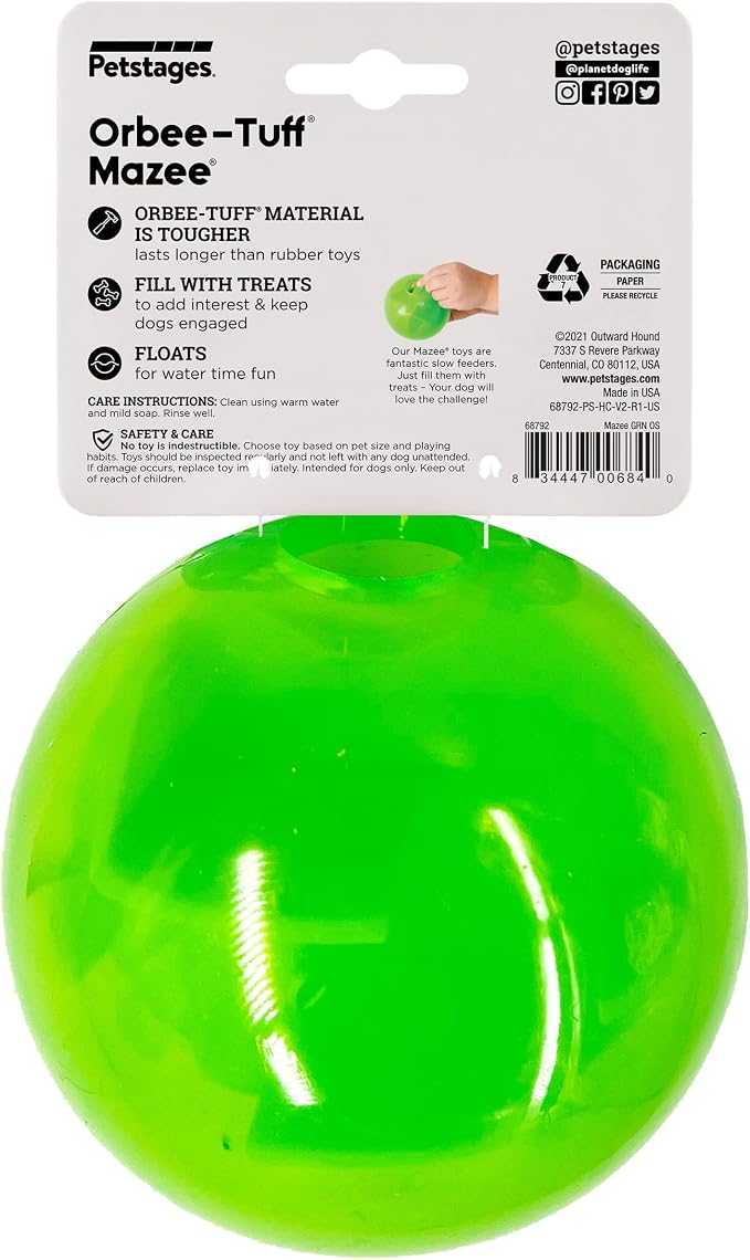 Outward Hound Orbee-Tuff Mazee Interactive Dog Puzzle Toy, Treat Dispensing Slow Feeder Ball, Green, 4.7-Inch