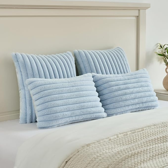 FUTEI Pack of 2 Faux Fur Throw Pillow Covers 26x26 Inch, Light Blue | Fluffy Faux Rabbit Fur Front/Premium Velvet Back,Hidden Zipper,Machine Washable,Non-Shedding,Colorfast,Insert Not Included.