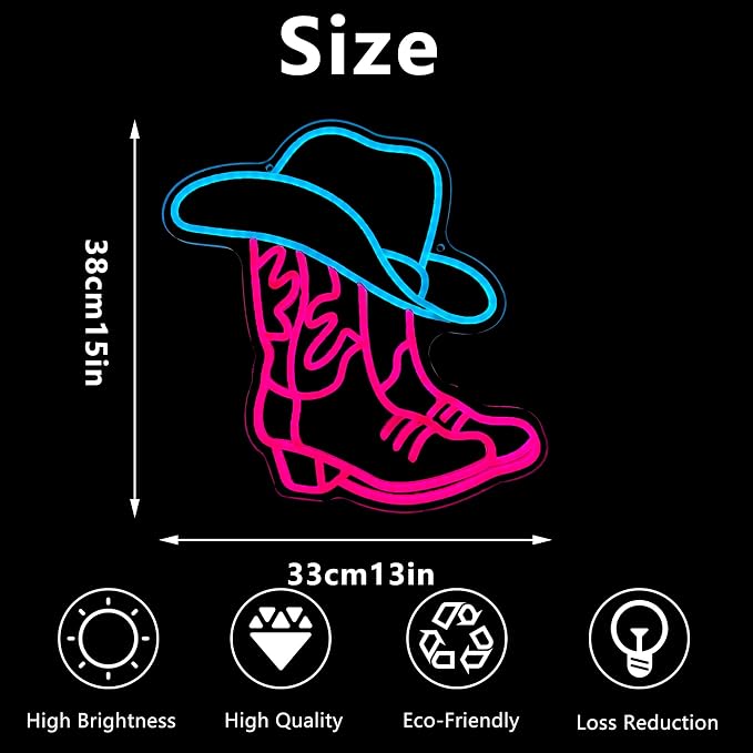 Cowboy Boot and Hat LED Neon Sign,Western Country Wall Decor for Bar, Man Cave, Garage,Pink White Aesthetic Rodeo Neon Light, Unique Christmas Birthday Gifts(13x15 in)