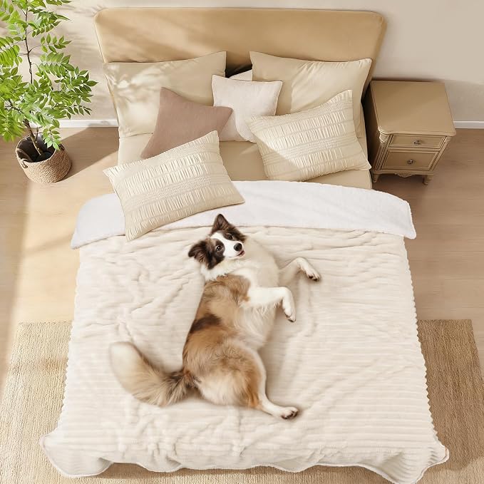 Luciphia Waterproof Dog Blanket, Washable Reversible Flannel Pet Throw | Reversible fleece cover for couch, bed, and crate; calming, and claw-resistant for dogs, cats, puppies White KING(82" x100")
