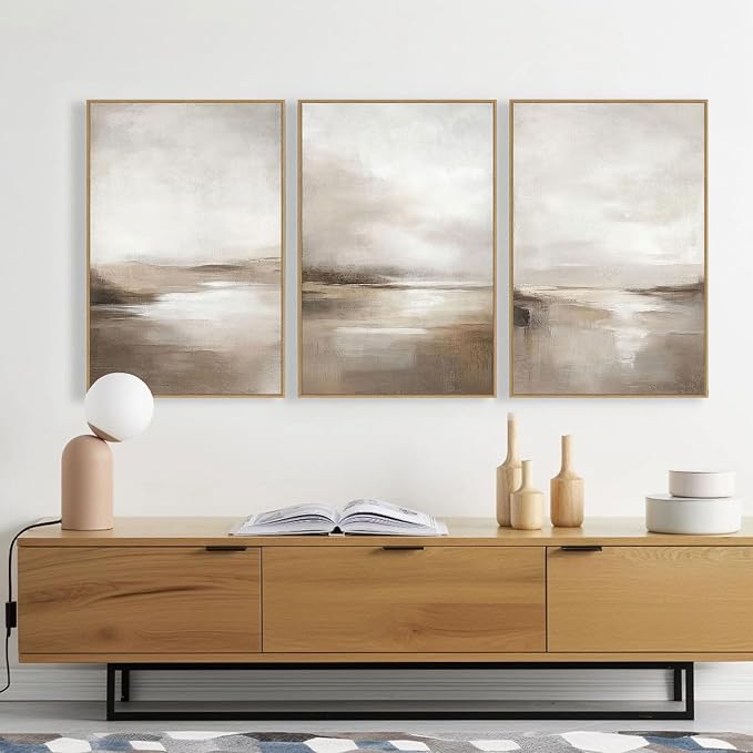 SAFERRYHOME Neutral Abstract Landscape Shapes Wall Art,3 Panels 24x36 Inch | Minimalist Framed Canvas Print Set, Abstract Illustrations Modern Nordic Calm Decor for Living Room,Bedroom,Bathroom,Hallway