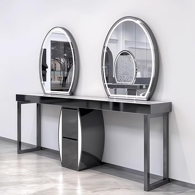 2-Person Salon Station for Hair Stylist with Curved Cabinet & Glowing Accents, Barber Station includes Oval LED Mirror, Large Capacity Storage