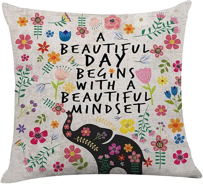 Littlefa Elephant Throw Pillow Cover Motivational Decorative Pillow Case | A Beautiful Day Begins with A Beautiful Mindset, Elephant Colorful Pillow Cover for Girls Counseling Office, 18×18 In