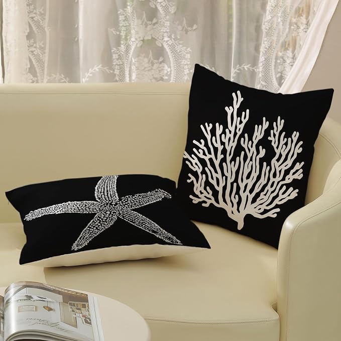 Coastal Pillow Covers 18x18 Set of 2 Black Starfish Throw Pillows Nautical Ocean Decorations Summer Beach Coral Pillowcase Outdoor Decor Linen Farmhouse Square Cushion Case for Sofa Bedroom