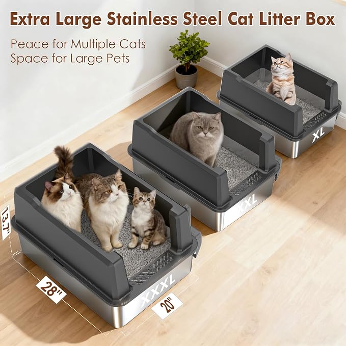 Extra Large Stainless Steel Litter Box for Large Cats | 50% Thicker Metal, High Sides, Leak-Proof, Non-Stick Surface, Odor Resistant, Easy Clean