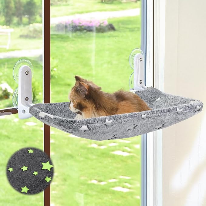 Zoratoo Glow in the Dark Cat Window Perch, Foldable Cordless Pet Hammock, M | Glowing Stars Fabric, Sturdy Metal Frame, Removable for Machine Wash, Comfortable Sunken Design Resting Seat for Indoor Cats