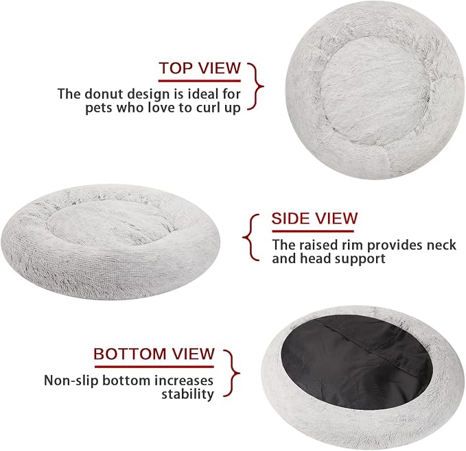 Bedfolks Calming Donut Dog Bed, 36 Inches Round Fluffy Dog Beds for Large Dogs, Anti-Anxiety Plush Dog Bed, Machine Washable Pet Bed (Light Grey, Large)