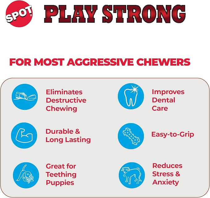 SPOT Play Strong Bone- Durable TPR Long Lasting Dog Chew for Aggressive Chewers, Hole for Treats, Virtually Indestructible Toy for Medium Dogs & Puppies - 5.5 inch