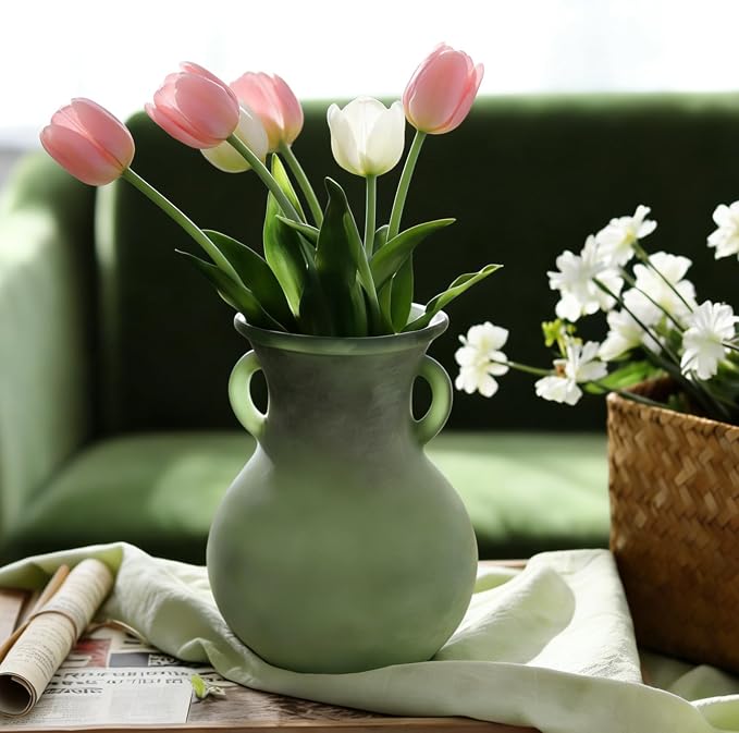 Green Glass Vase with Handles, 7.5 Inch Rustic pottery Style Flower Vase, Vintage Decorative Round Bud Jar for Dried Flowers, Earthy Aesthetic Centerpiece for Modern Farmhouse & Boho Spring Home Decor