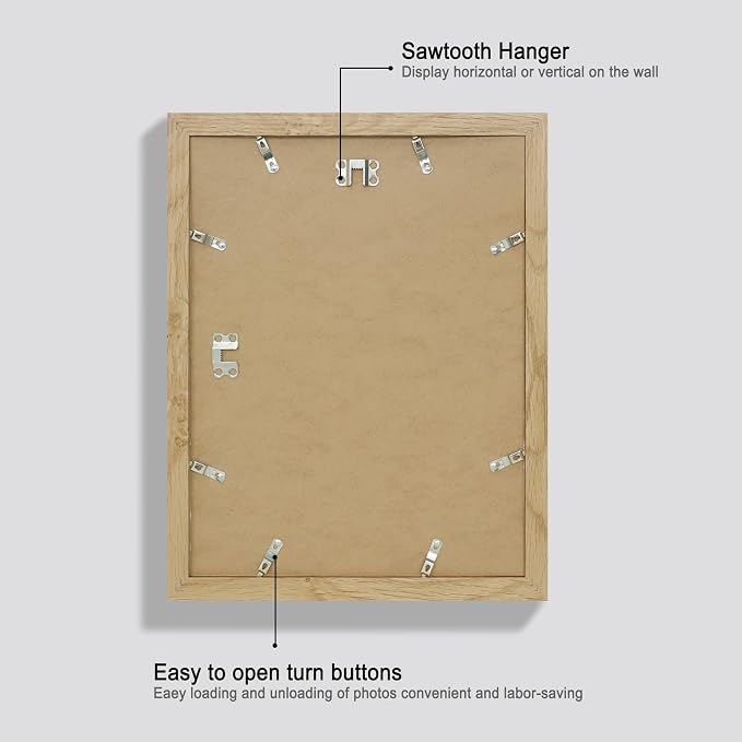Hongkee 11x14 Picture Frame Set of 4, Made of Glass and Natural Oak Wooden Frame, Display 8x10 Pictures with Mat or 11 x 14 Posters without Mat for Wall Mounting, Gallery Photo Frames