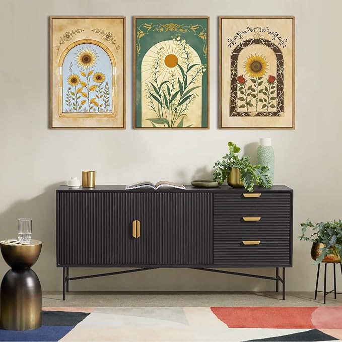 ANHUIB Vintage Boho Floral Wall Decor 16x24 Inch Bohemian wall art Botanical Wall Art Earthy Sunflower Illustration Set of 3 for Living Room Bedroom Office