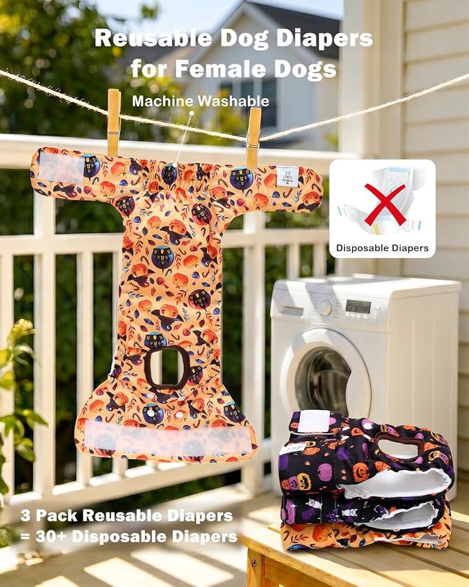 CuteBone Dog Diapers Female Halloween Washable Small Medium Large 3 Pack Reusable Doggie Diapers Puppy Period Pants for Doggy Heat Cycle Peeing D83L