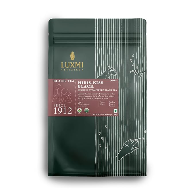 Luxmi Estates Hibis-Kiss Organic Hibiscus Tea (50 Tea Bags) Caffeinated Tea Bags For A Morning Boost and Natural Energy, With Certified Organic Black Tea