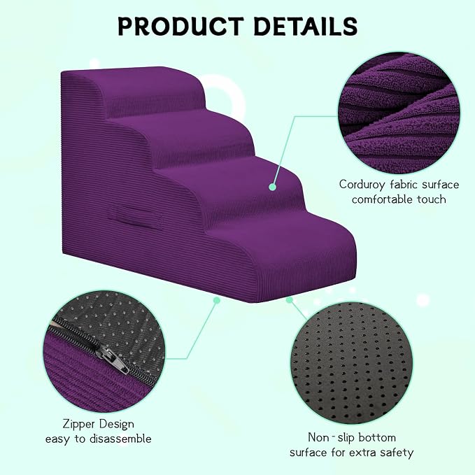 Mesa Lemon 3 Step Dog Stairs Pet Ramp for High Beds, Sofas and Cars | High Density Foam, Non-Slip Bottom, Removable Washable Cover, Portable Handle, Holds Up to 50 lbs, 16 Inch Height