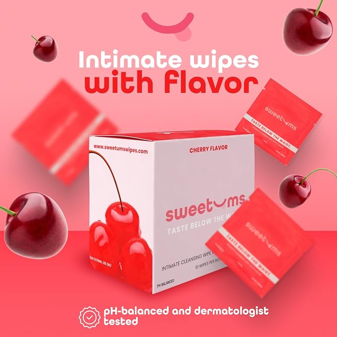Sweetums Feminine Wipes For Women, Individually Wrapped - pH Balanced Flavored Intimate Wipes - Pack of 10 (Cherry)
