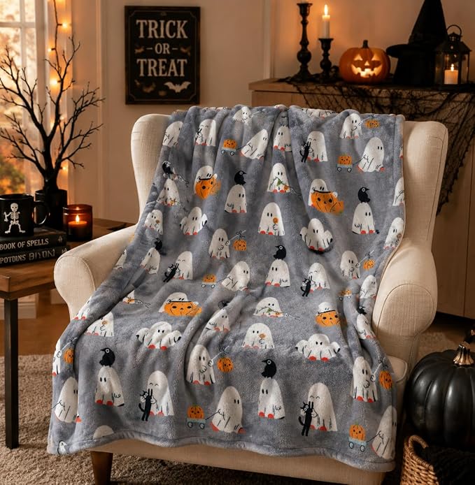 Halloween Ghost Fleece Throw Blanket, Cute Baby Ghost Party, Gray, 50x70 in | Ultra-soft cozy flannel fleece, for sofa couch bed chair & dorms, spooky Halloween décor, durable and machine washable.
