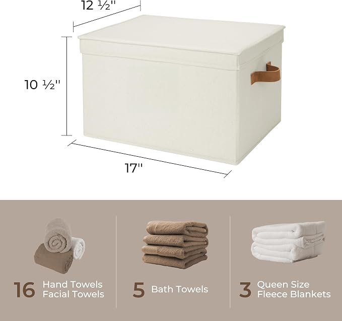 StorageWorks Storage Bins with Lids, Decorative Storage Boxes with Lid and PU Handles, Foldable Storage Baskets for Closet, Shelves, Stackable, Ivory, Jumbo, 3-Pack | Lidded Dust-proof, Easy Pull Handles, Foldable, Stackable, Ideal for Clothes Blanket ...