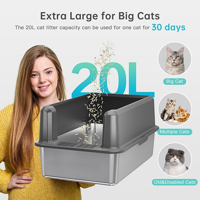 Stainless Steel Cat Litter Box, XL High Sided Open Top Litter Pan, 1 Scoop | Extra Large Litter Box for Big Cats, High Sides, Anti-Urine Leakage, Non-Stick, Odor-Free, Easy Clean, Reduce Litter Tracking