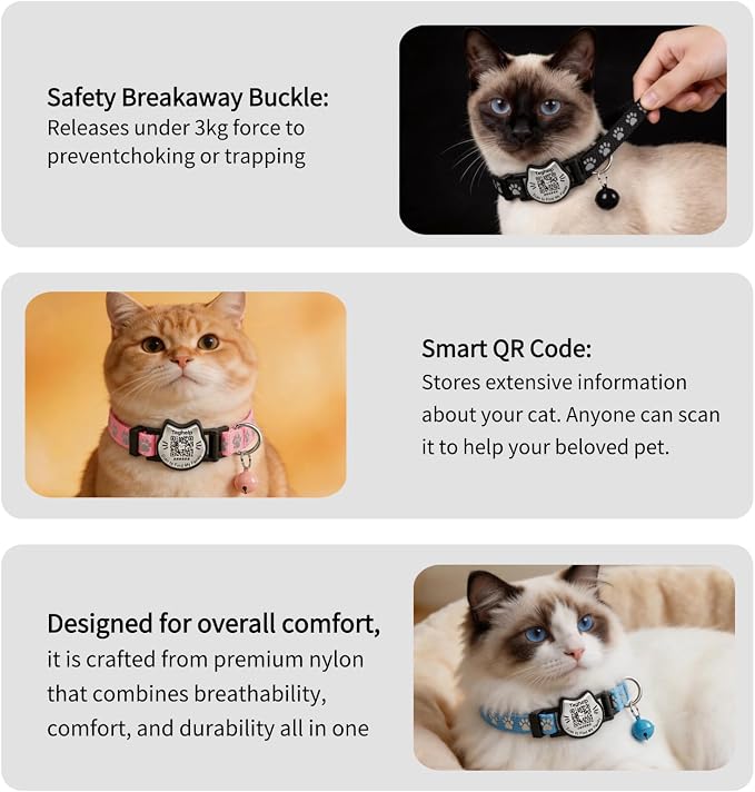 Breakaway Cat Collar with QR Code Tag and Bell (Red & Green) | Reflective Nylon, Quick-Release Buckle